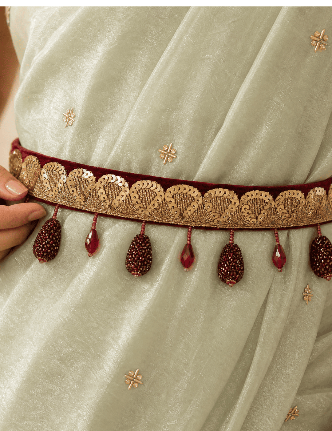 GULBAHAR | Maroon Velvet Embellished Waist Belt for Sarees & Dresses