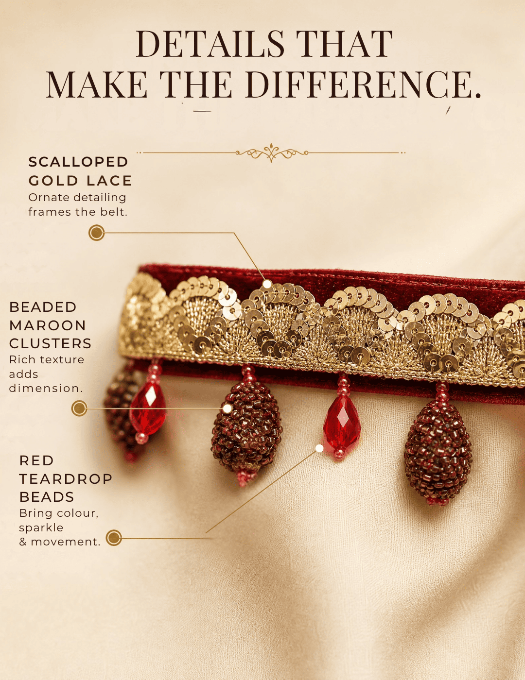 GULBAHAR | Maroon Velvet Embellished Waist Belt for Sarees & Dresses