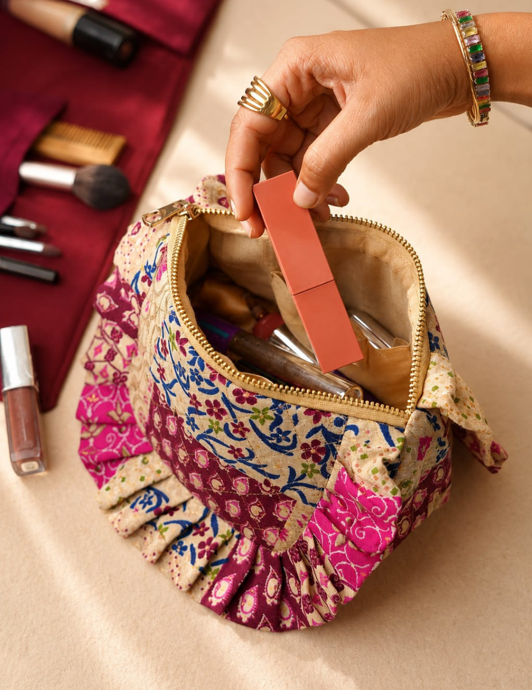 Ruffle Printed Travel Pouch with 2 Pockets