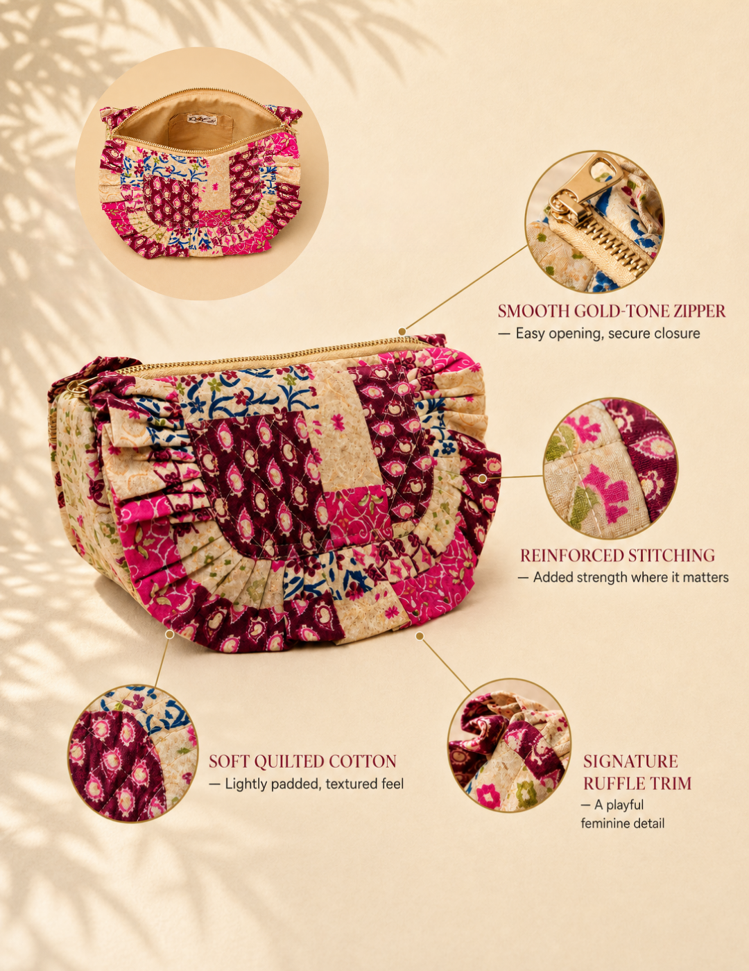 Ruffle Printed Travel Pouch with 2 Pockets