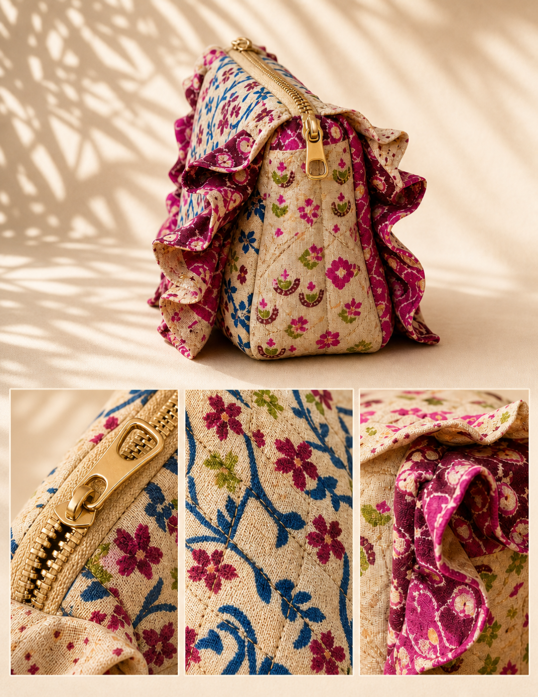 Ruffle Printed Travel Pouch with 2 Pockets