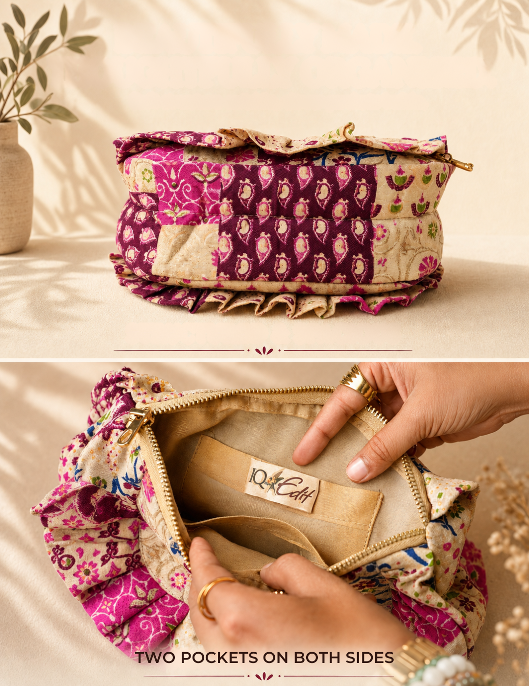 Ruffle Printed Travel Pouch with 2 Pockets