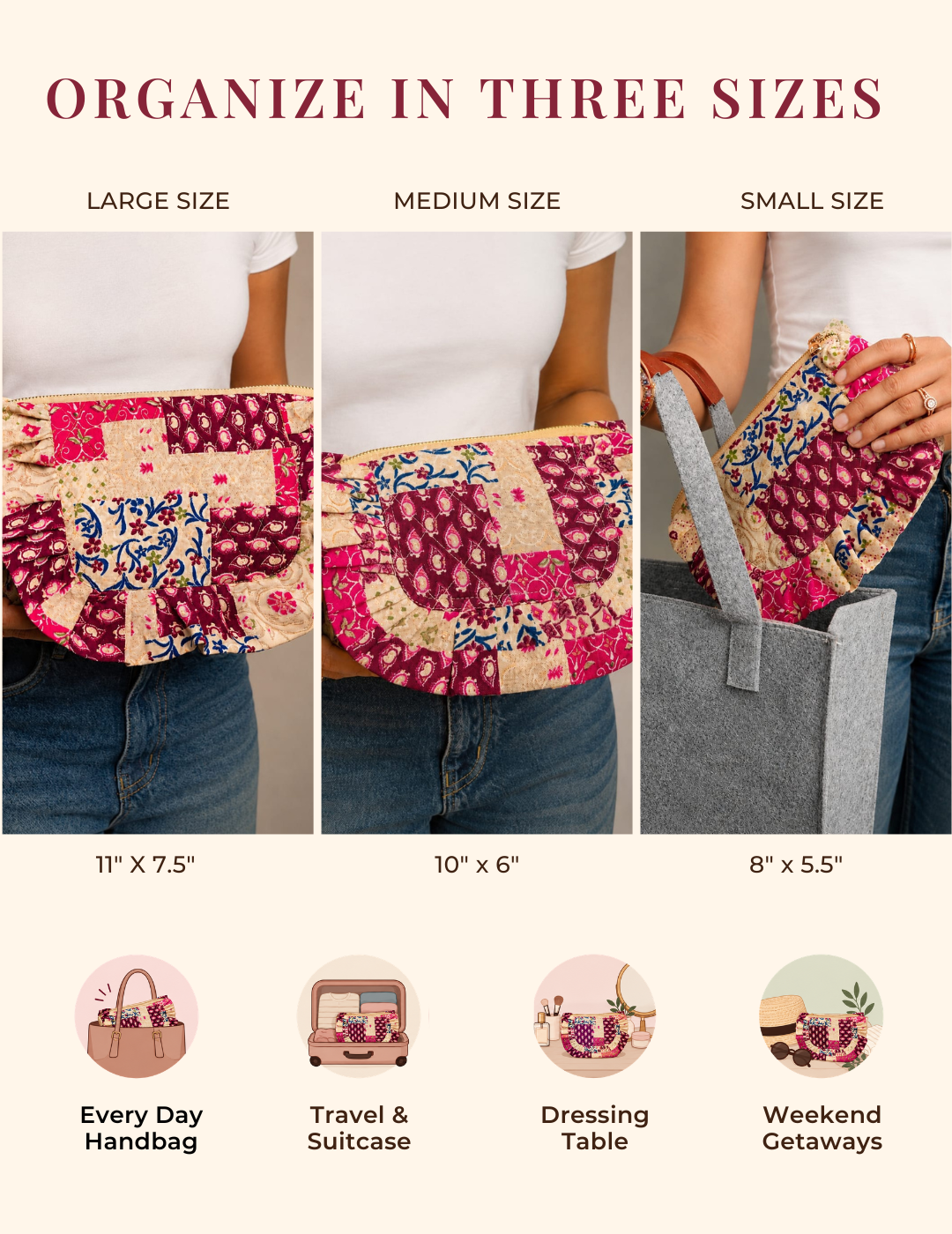 Ruffle Printed Travel Pouch with 2 Pockets