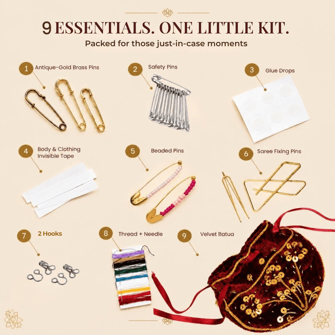 Nine essentials included in the Saree Survival Kit with pins, tape, glue drops, hooks, thread and needle
