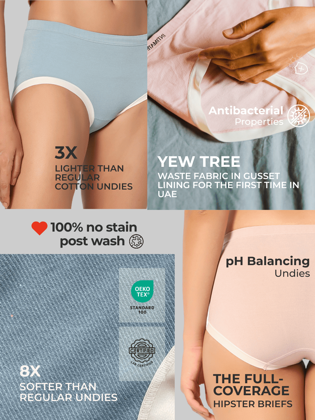 women's underwear highlighting features like lightness, antibacterial properties, and full coverage.