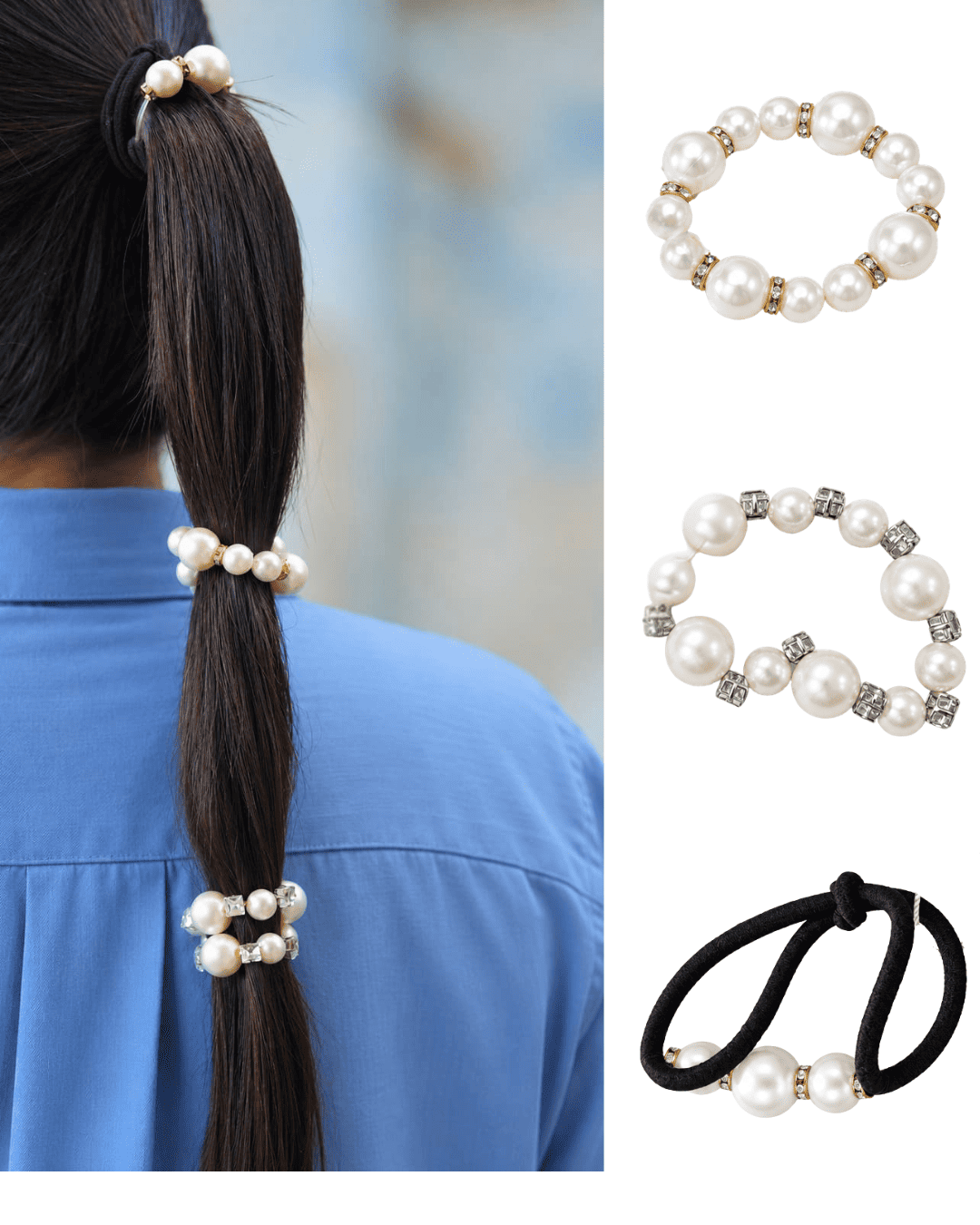 Three styles of pearl hair ties with black, silver-tone rhinestone and gold-tone details
