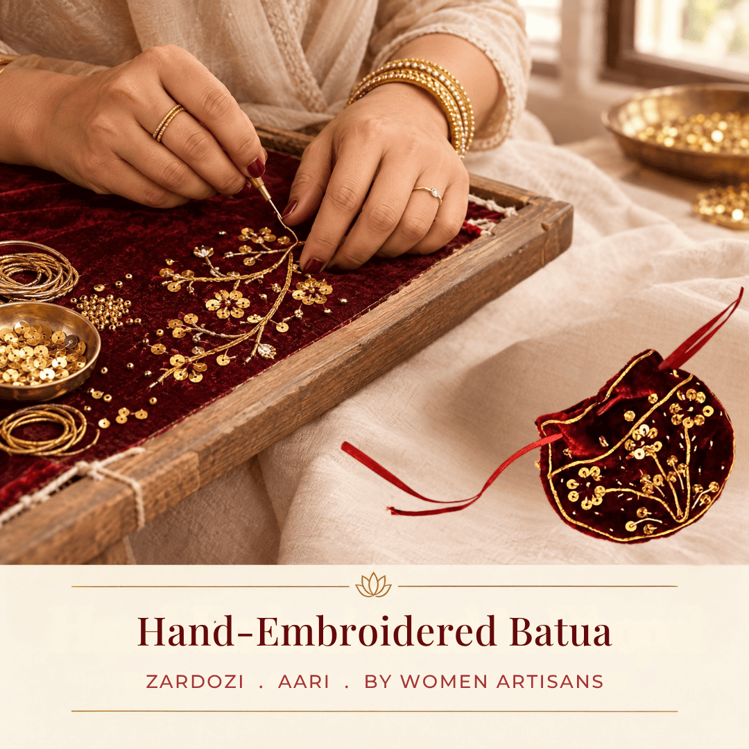 Artisan hand-embroidering the velvet batua with zardozi and beadwork in Bhopal