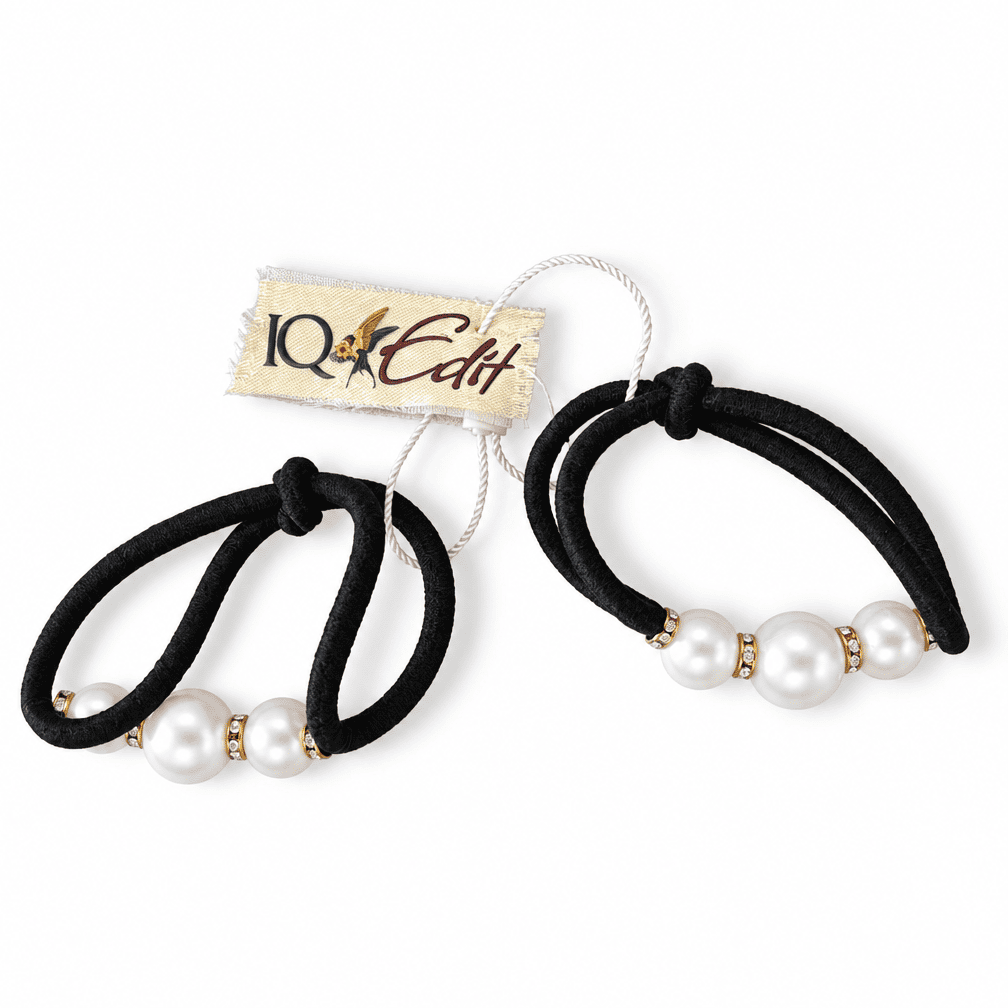 Black elastic pearl hair ties with gold-tone crystal spacers, set of 2
