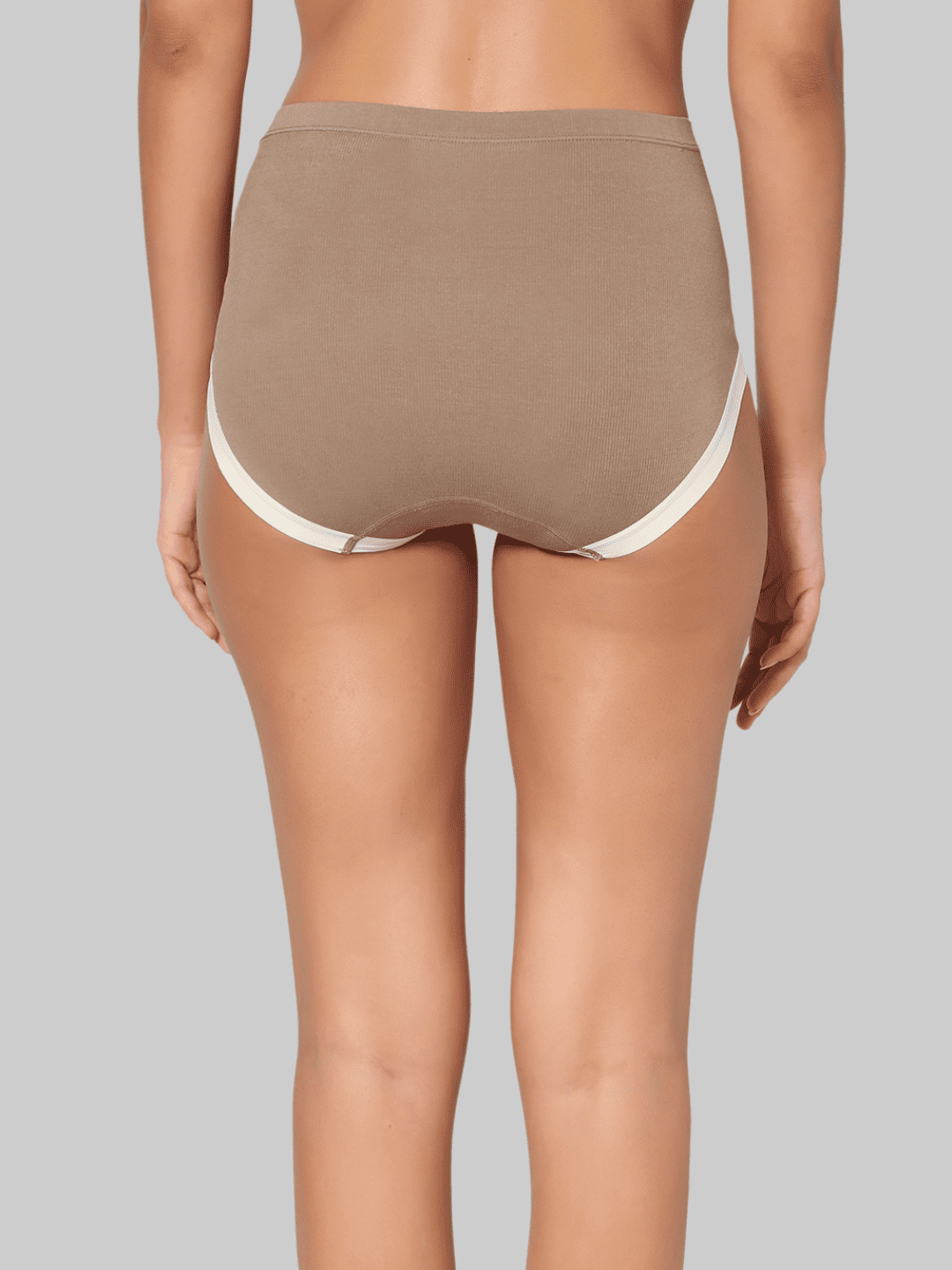 Brown underwear with white trim on a gray background