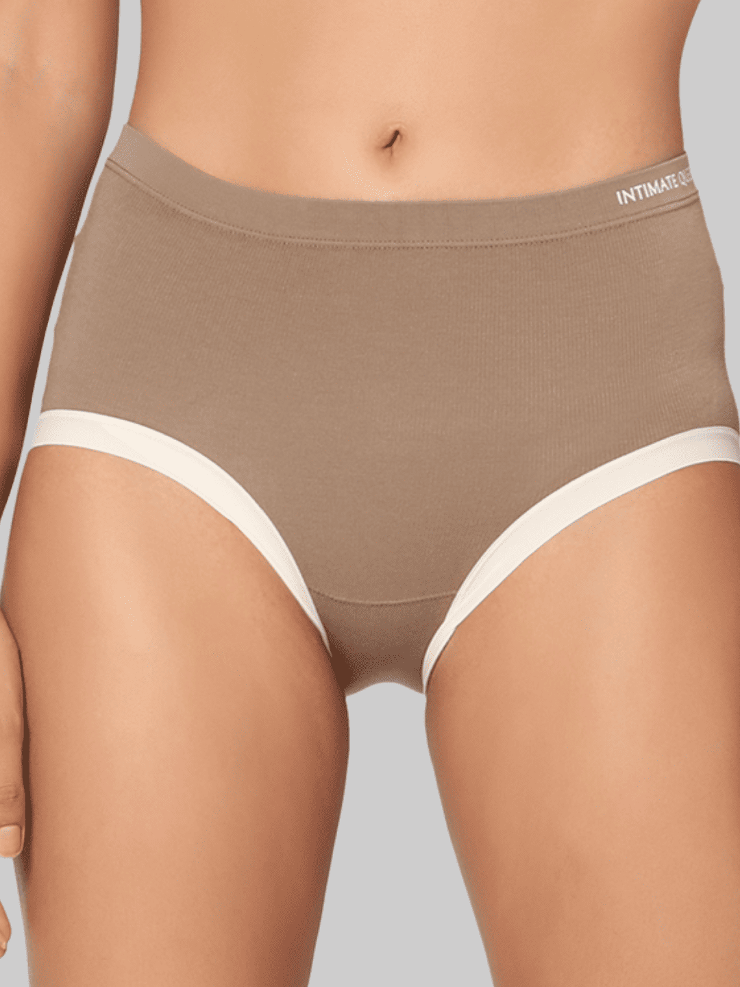 Brown underwear with white trim on a gray background