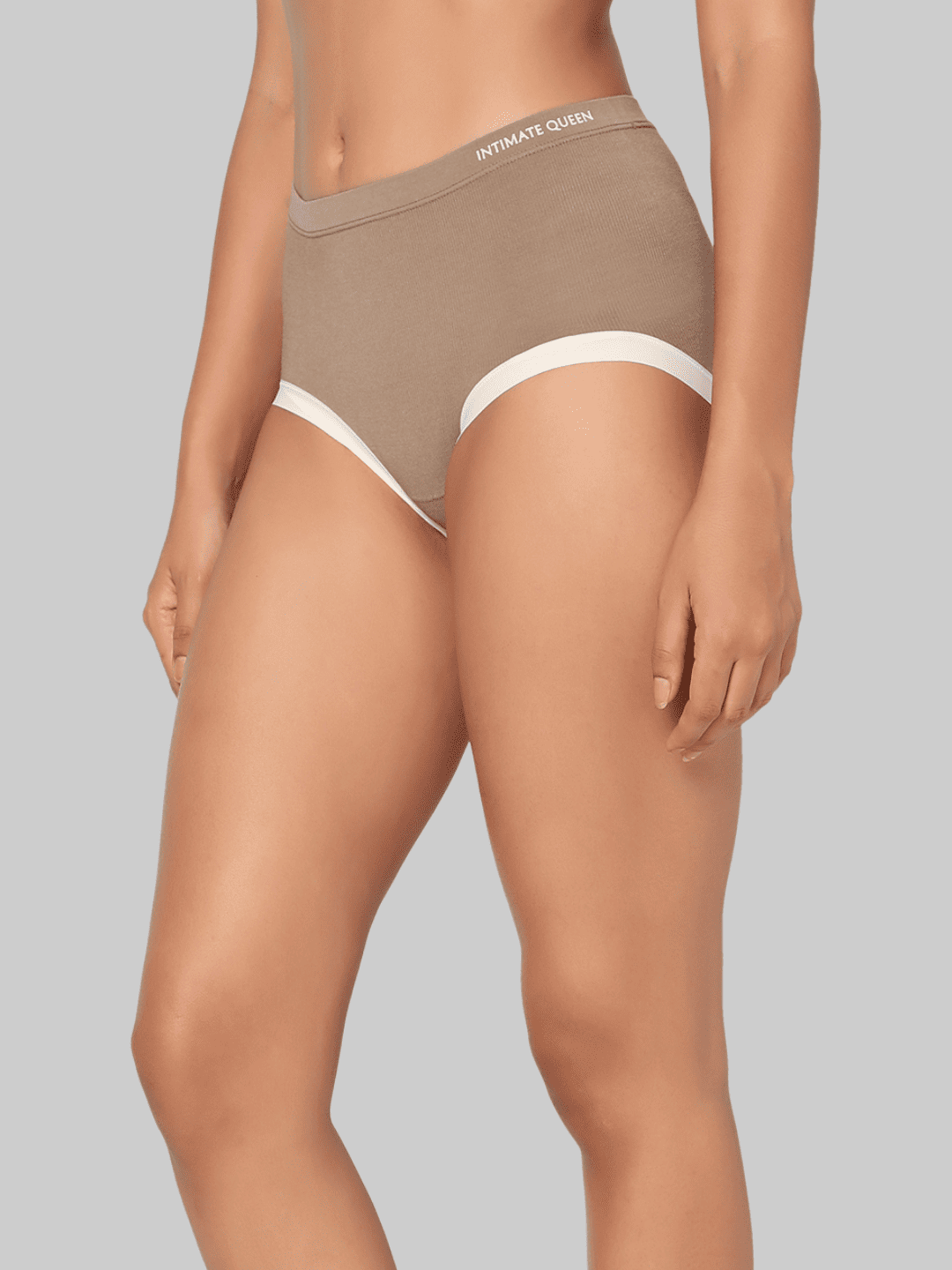 Brown underwear with white trim on a gray background