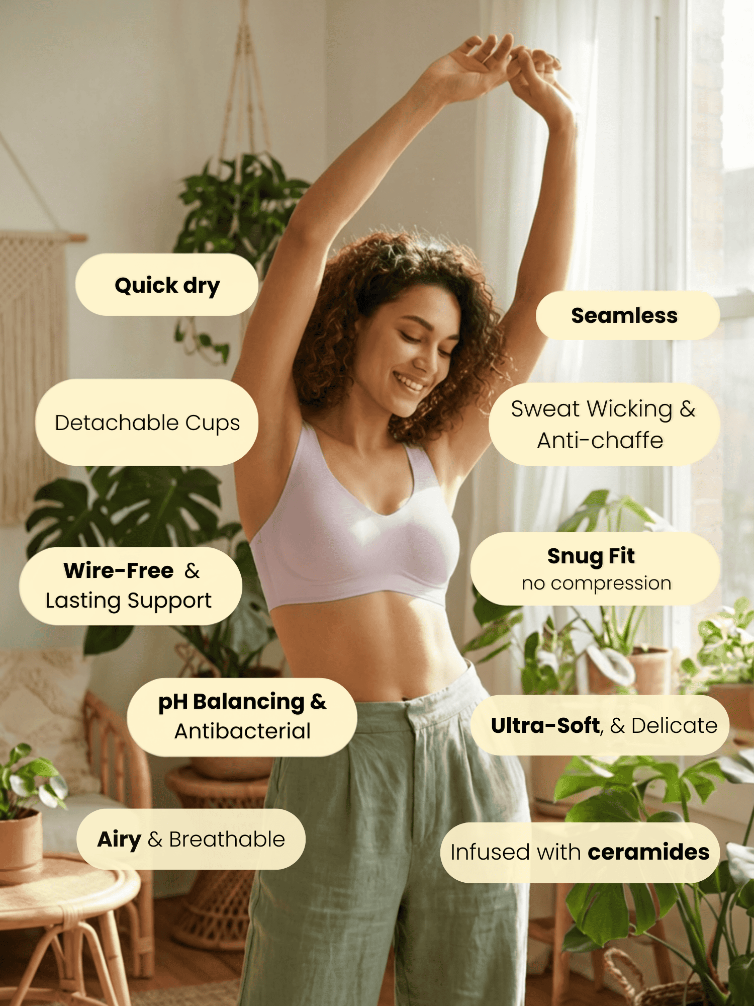 Woman wearing Ceramide infused wireless seamless bra doing yoga  during hot summer day