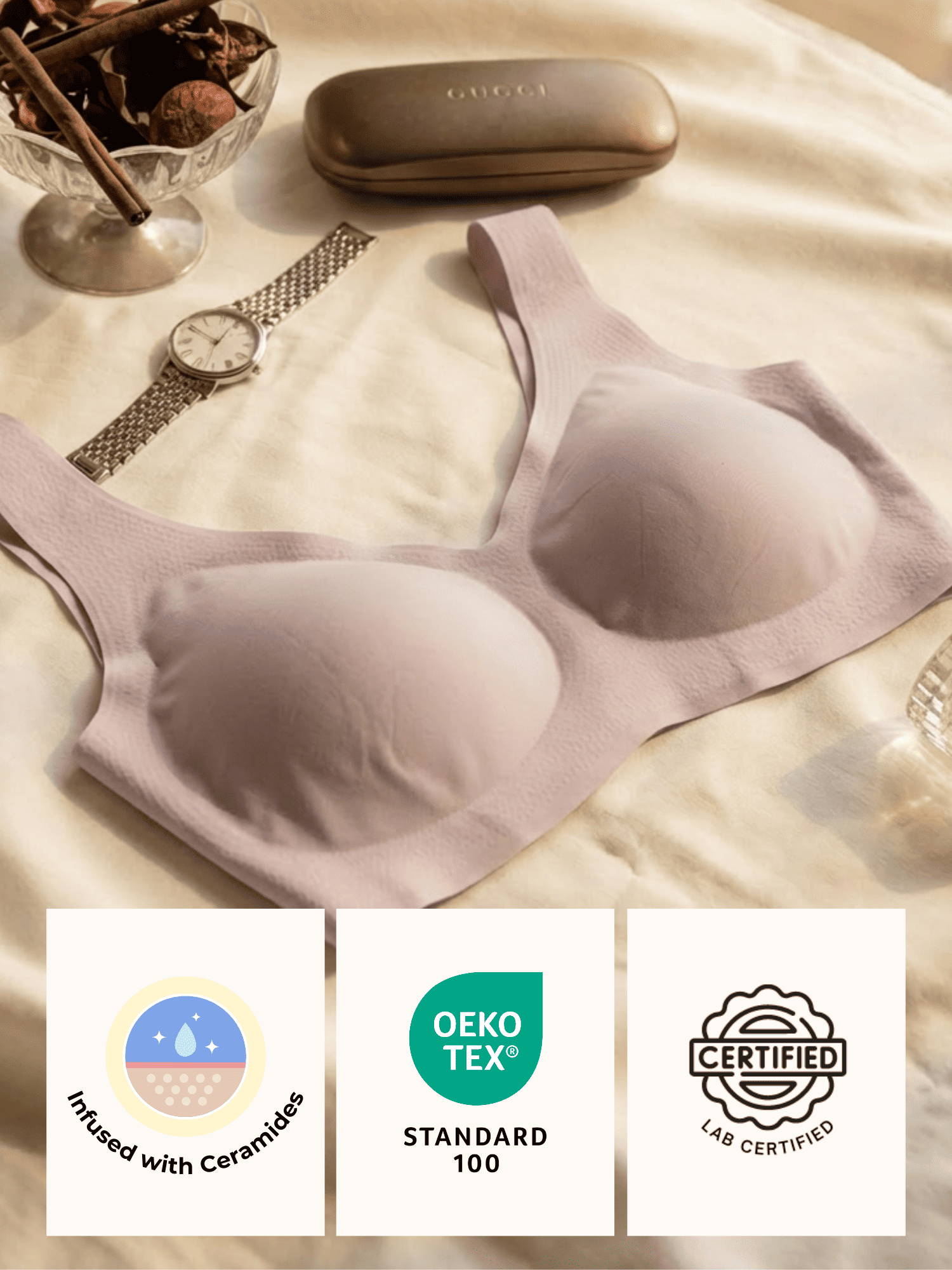 Close-up of ceramide infused wireless bra  and its Oeko Tex certifications