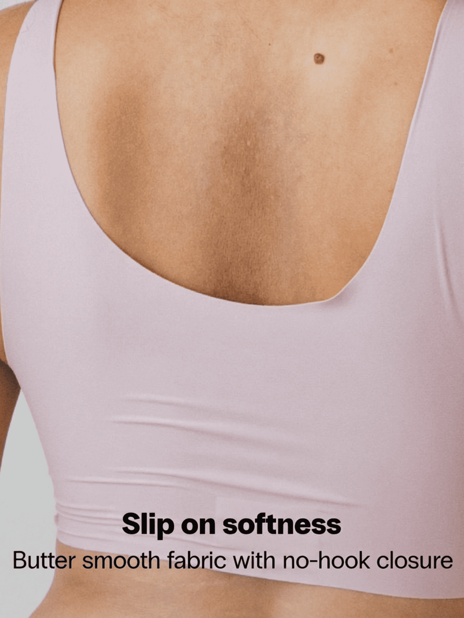 pale lilac soft seamless bra with no-hook closure back view shot with text highlighting 'Slip on softness' and 'Butter smooth fabric'.