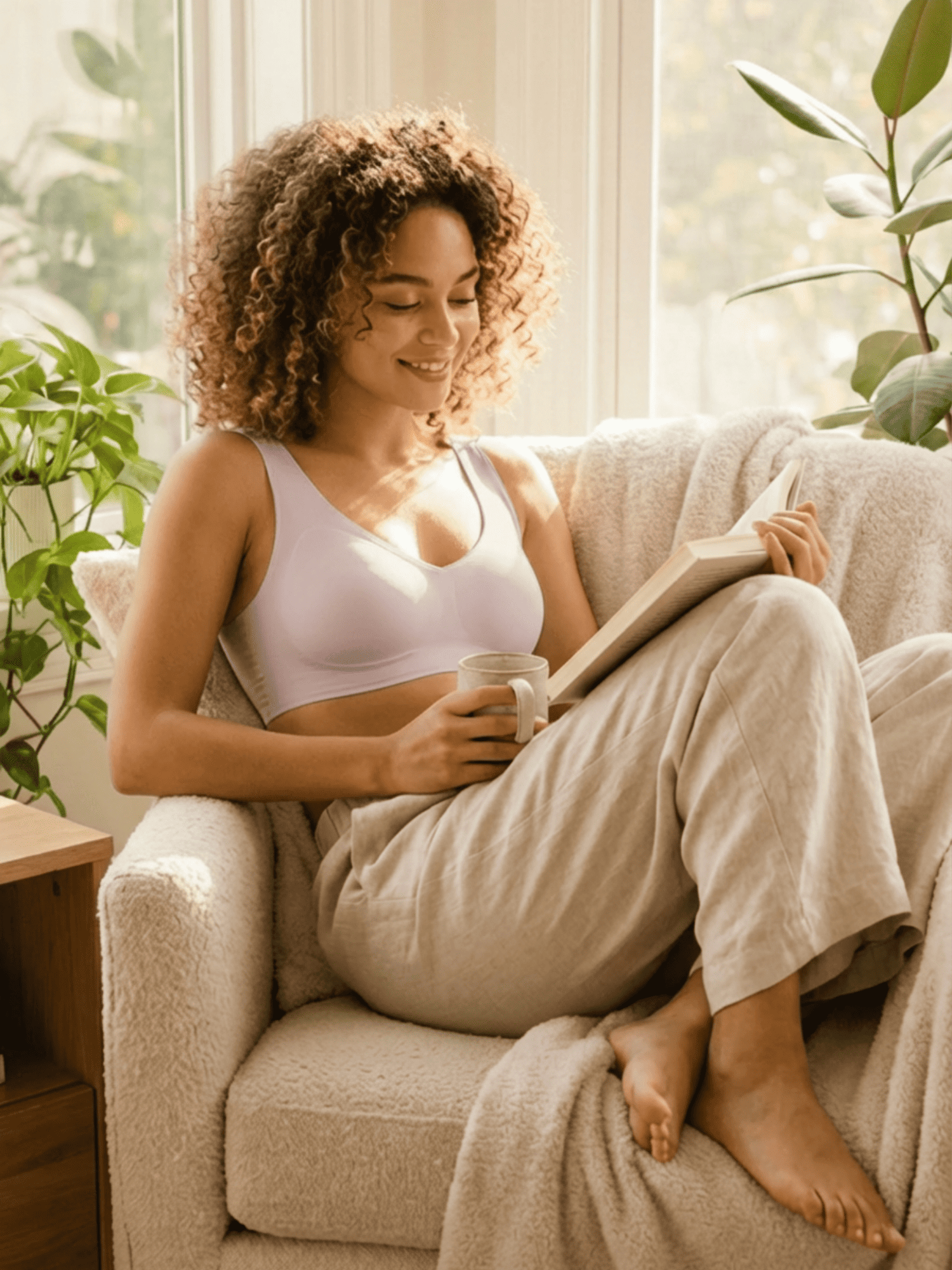 Woman lounging in a ceramide infused soft wireless bra at home, sitting on a couch reading a book and holding a mug in a bright room with plants.