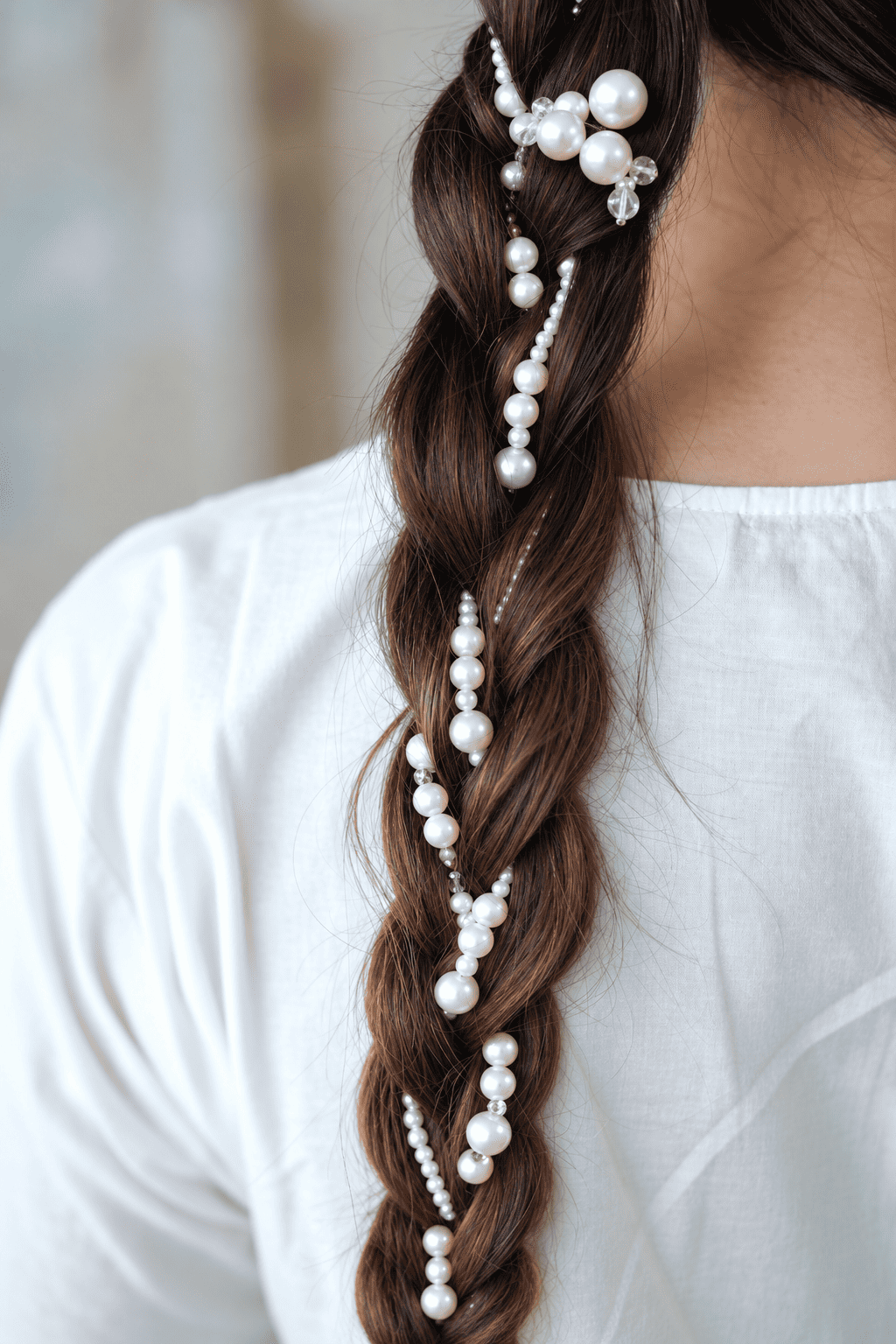 White pearl and crystal parandi accessory styled through a brown braid with floral pearl details