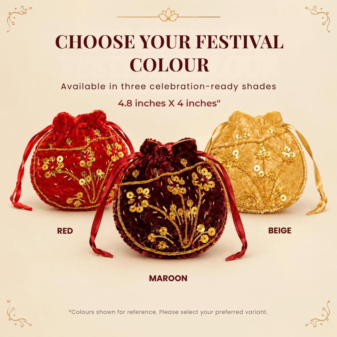 Saree Survival Kit handcrafted velvet batua available in red, maroon and beige