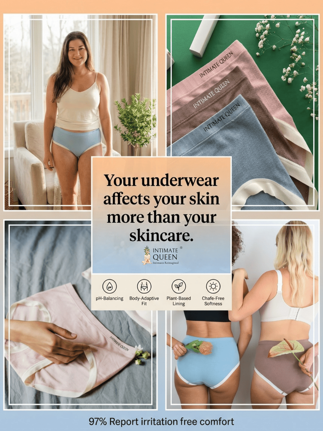 Collage of fabric detail of Intimate Queen underwear with text about skin care and comfort.