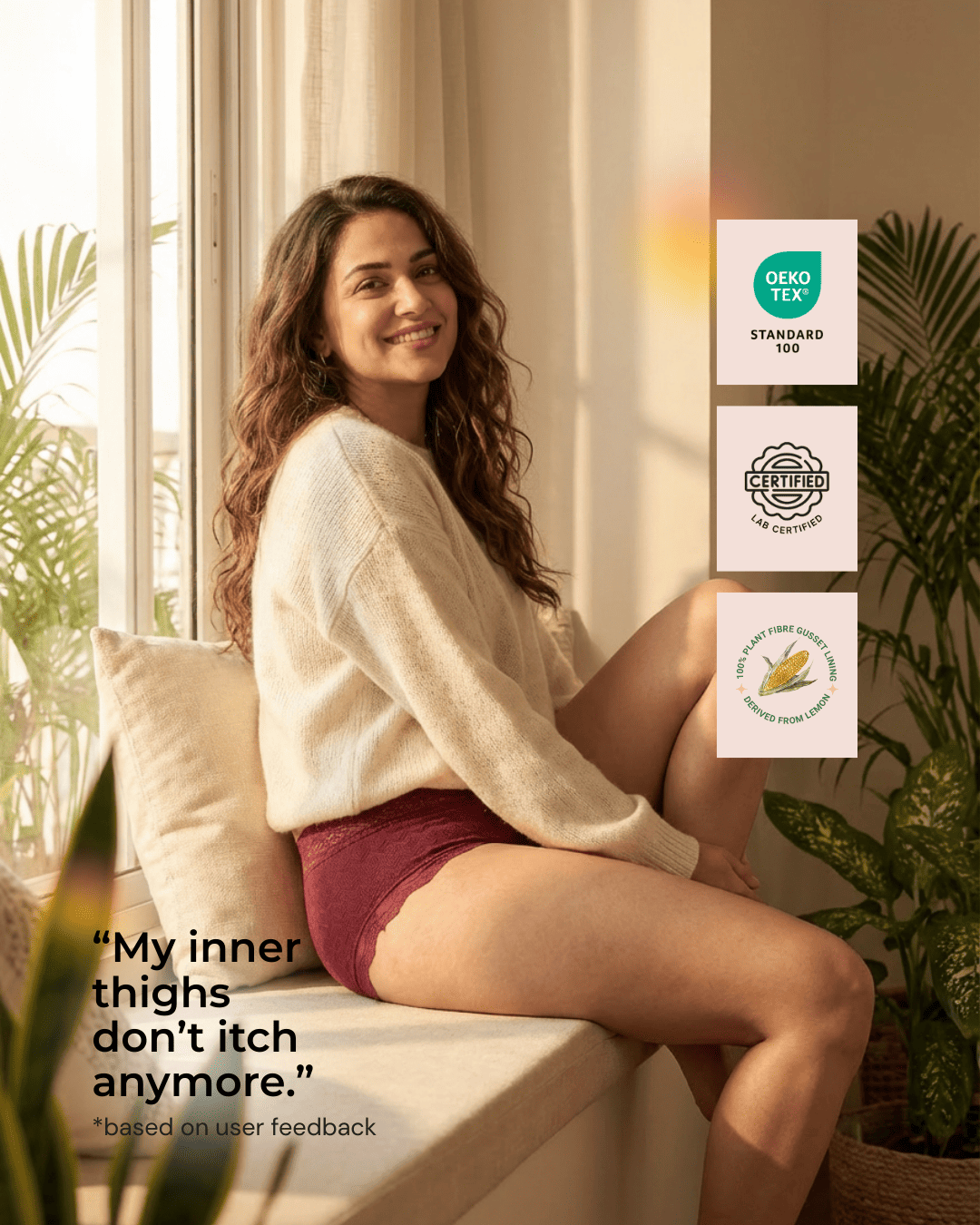 Woman sitting on a couch with plants and a window in the background, featuring Oeko tex and other certification and user feedback 