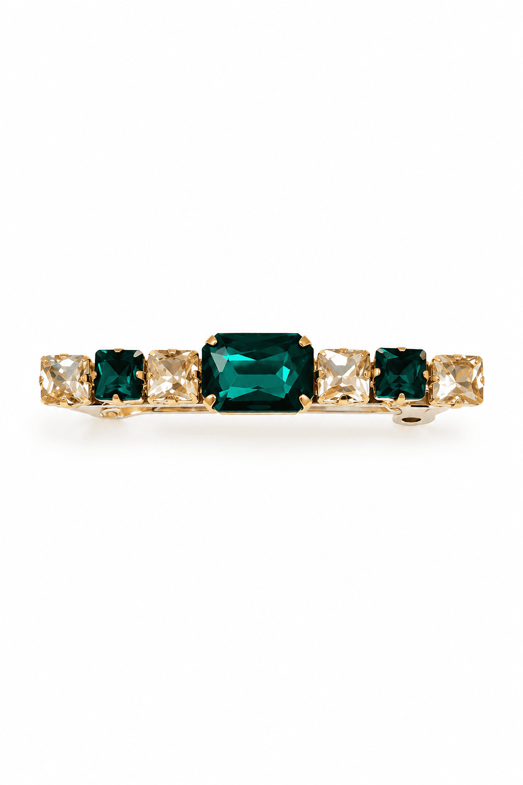 Gold-tone crystal barrette with a large emerald-green centre stone and smaller green and champagne square crystals and rhinestones.