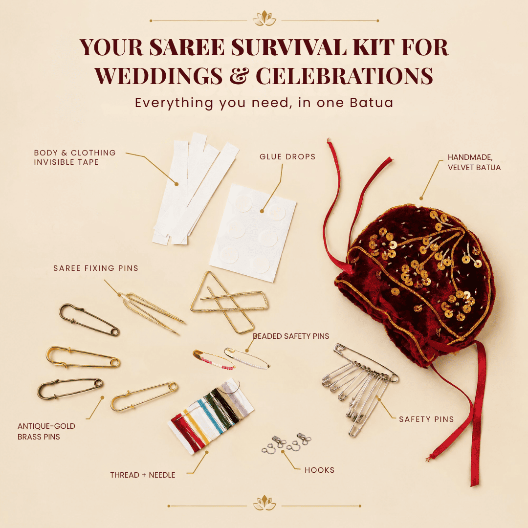 Saree Survival Kit showing pins, invisible tape, glue drops, hooks, thread and needle organised in one batua