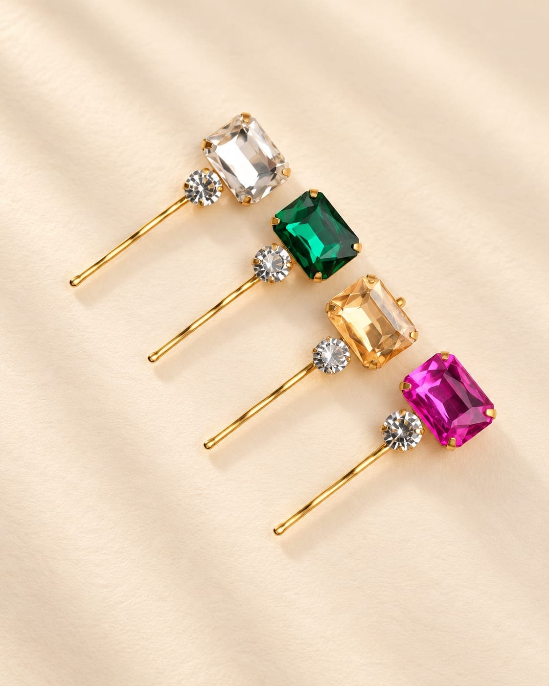 IQ Edit vibrant cool palette crystal hair pins set of 4 featuring clear emerald green amber and pink gemstone bobby pins