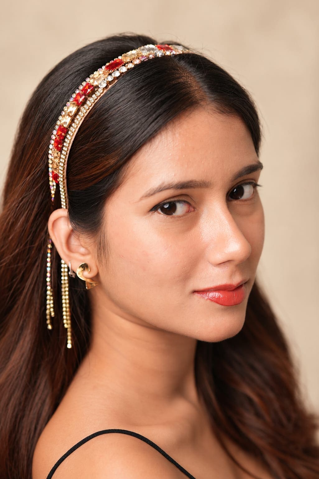 IQ Edit statement wedding hair band with ruby red gemstones and hanging crystal rhinestone tassel fringe extensions for party wear.