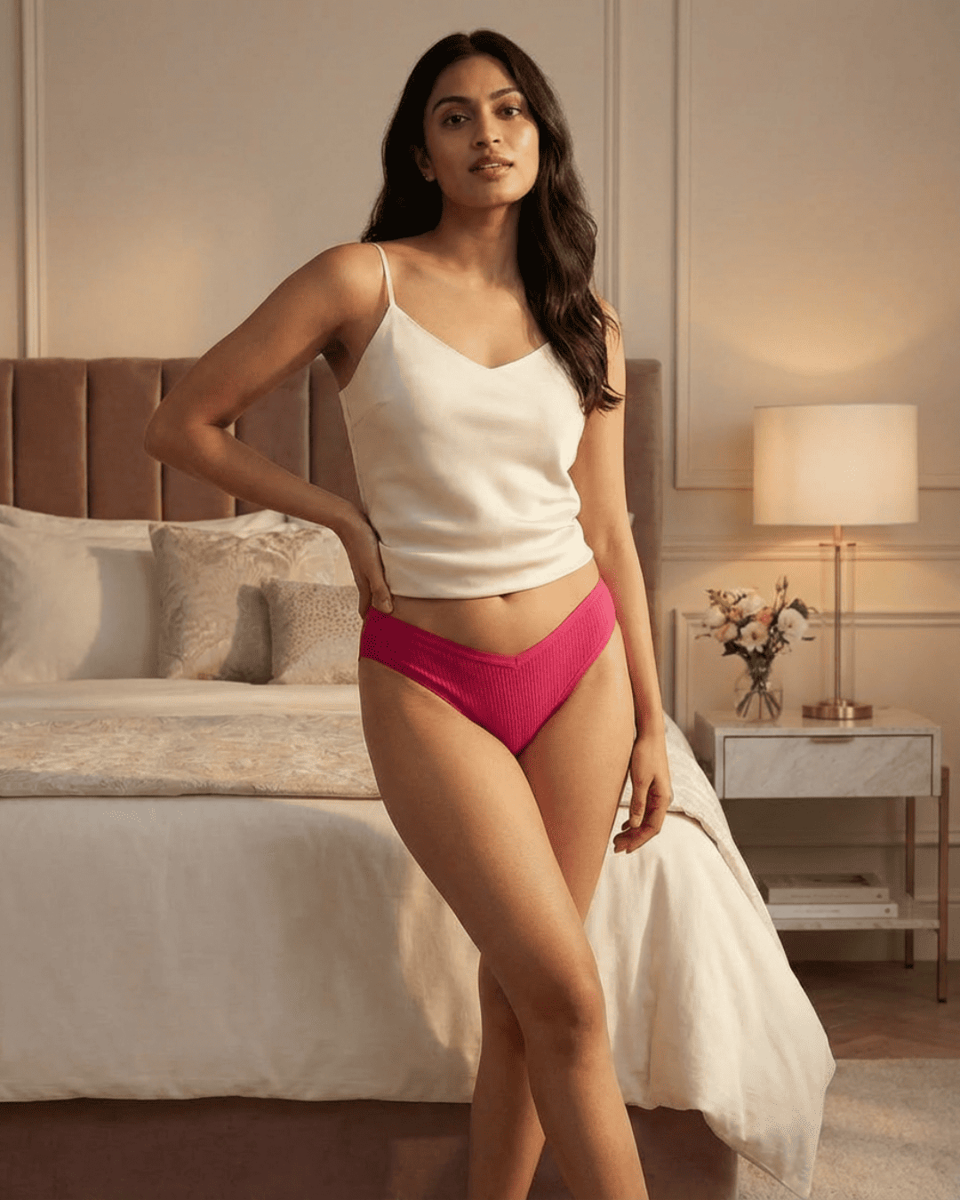 Woman in a white top and pink underwear standing in a bedroom.