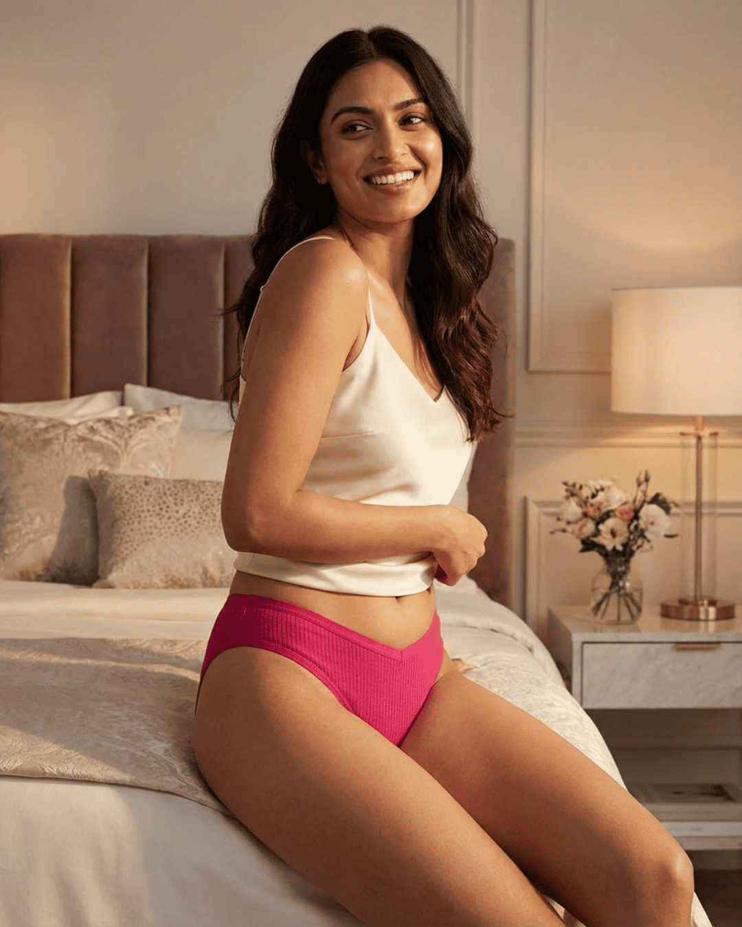 Woman in a white top and fuschia color low rise high cut underwear sitting on a bed in a bedroom.