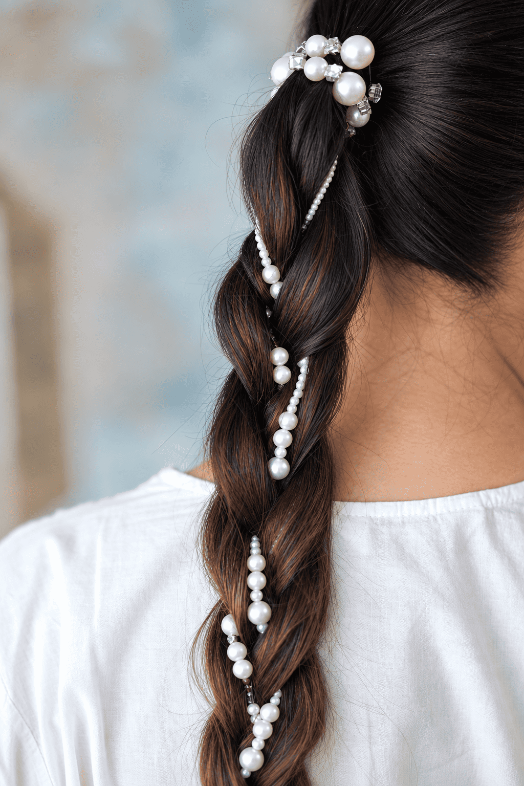 White pearl hair braid accessory woven through a long brown braid for an elegant festive hairstyle