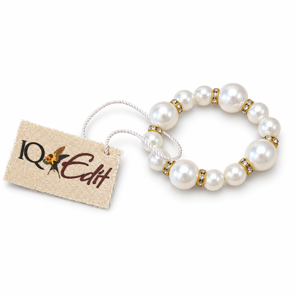 White pearl hair ties with gold-tone crystal spacers, set of 2