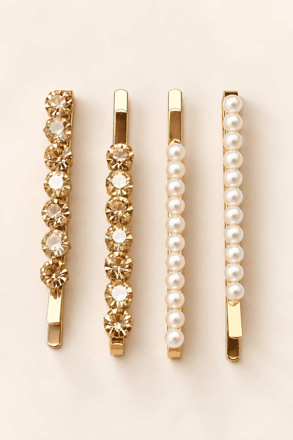 Gold-tone hair clips with amber and clear round crystals paired with white imitation pearl slide clips