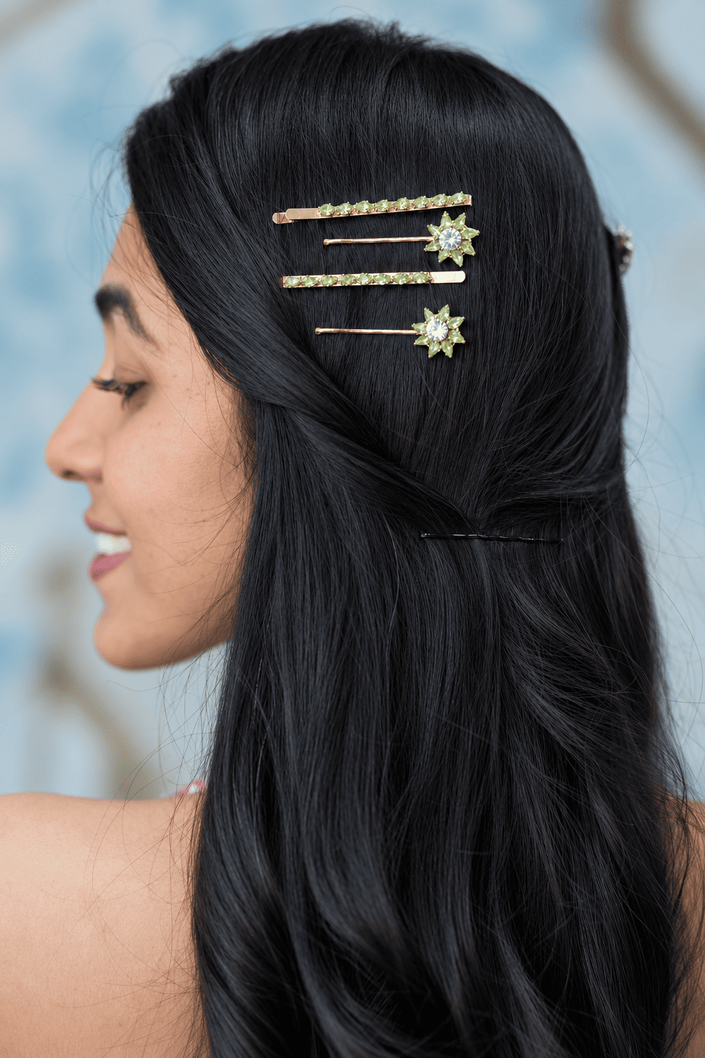 Green crystal hair pins set of four with gold-tone finishes