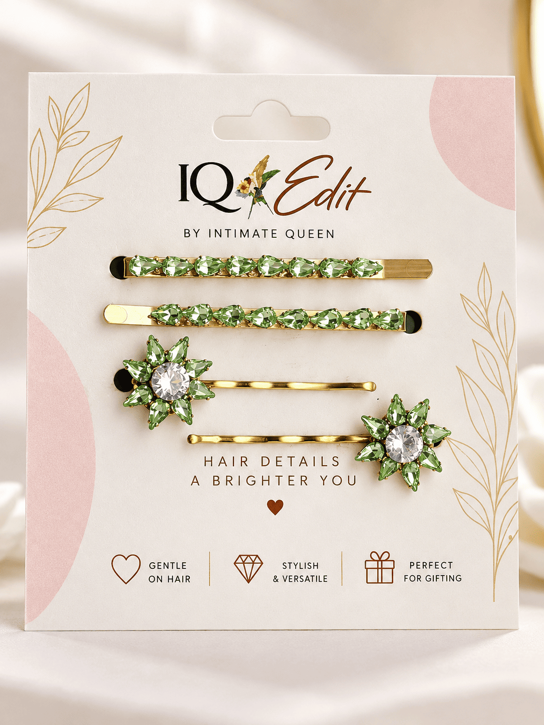Floral green crystal bobby pins with clear rhinestone centres 