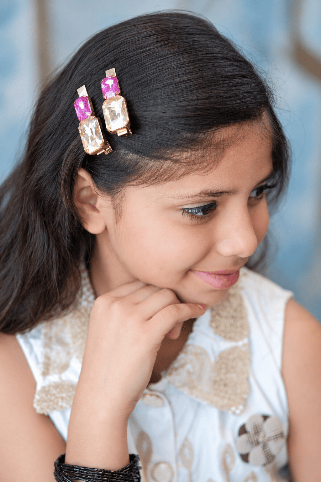 Gold-tone hair clips with hot-pink and champagne rectangular rhinestone for girls