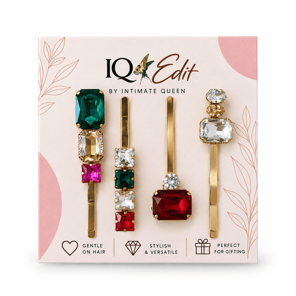 IQ Edit emerald green and ruby red crystal hair pins set of four displayed on branded packaging.