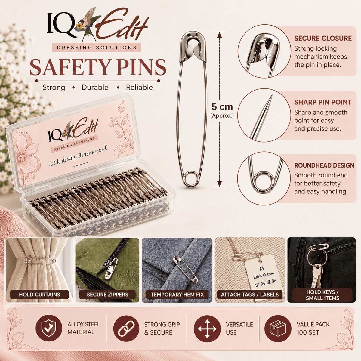 100 Nickel Safety Pins (Silver) in a box