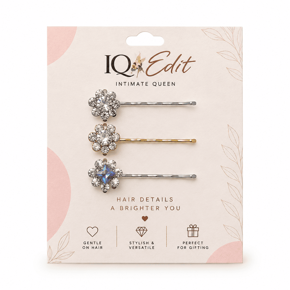 IQ Edit crystal flower bobby pins set of three on branded packaging