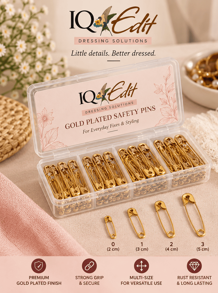50 Gold Plated Safety Pins in a reusable storage box