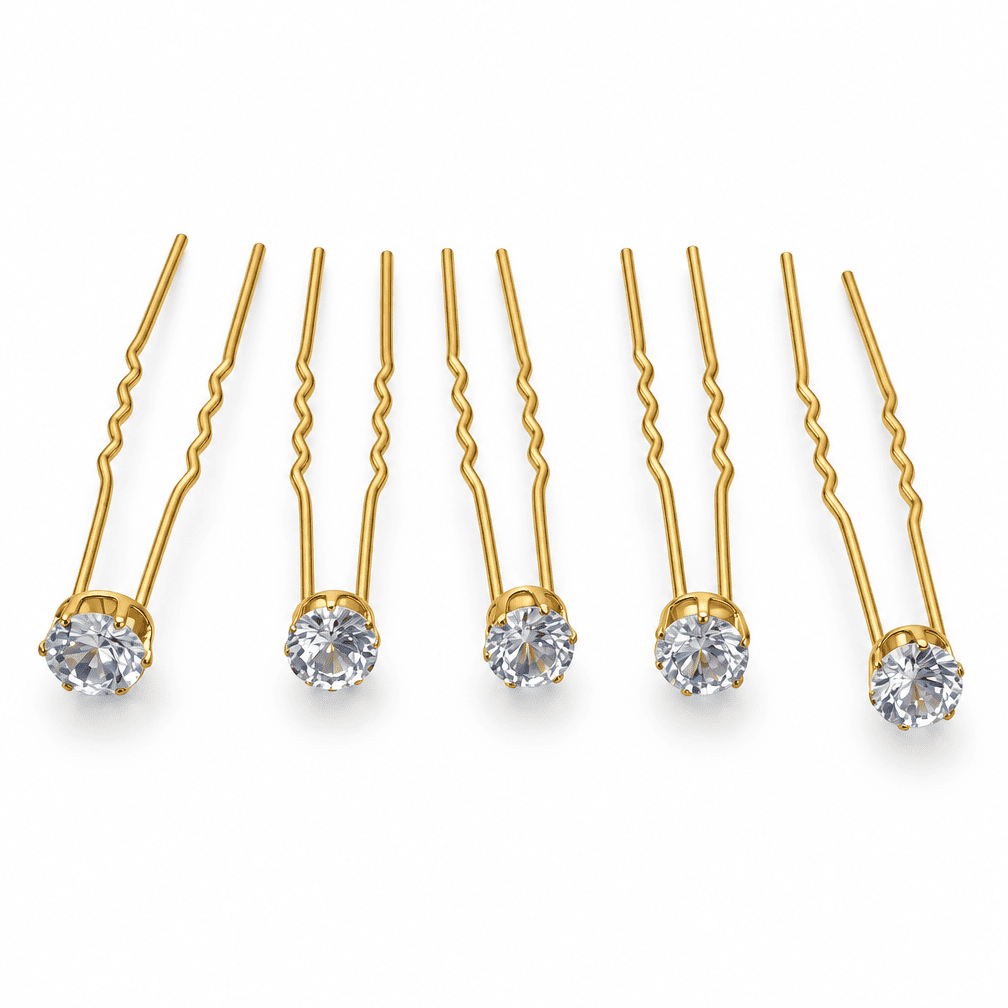 Set of 5 gold-tone crystal juda pins with clear rhinestone stones