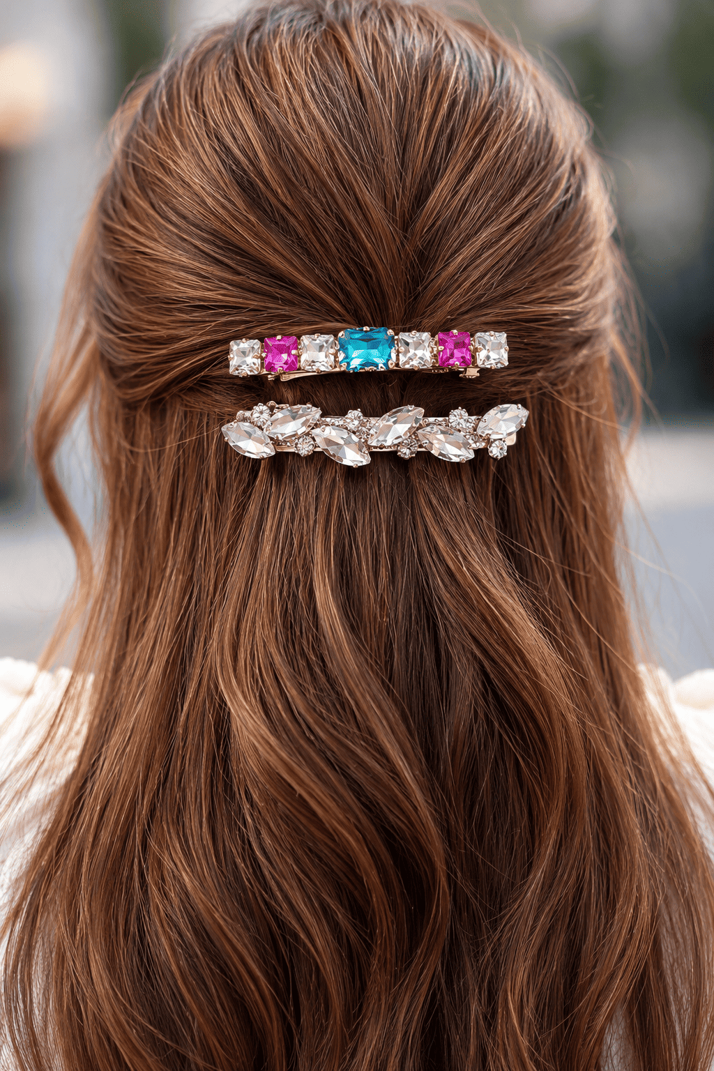 Woman with long brown hair styled half-up with colourful crystal and clear rhinestone barrettes.