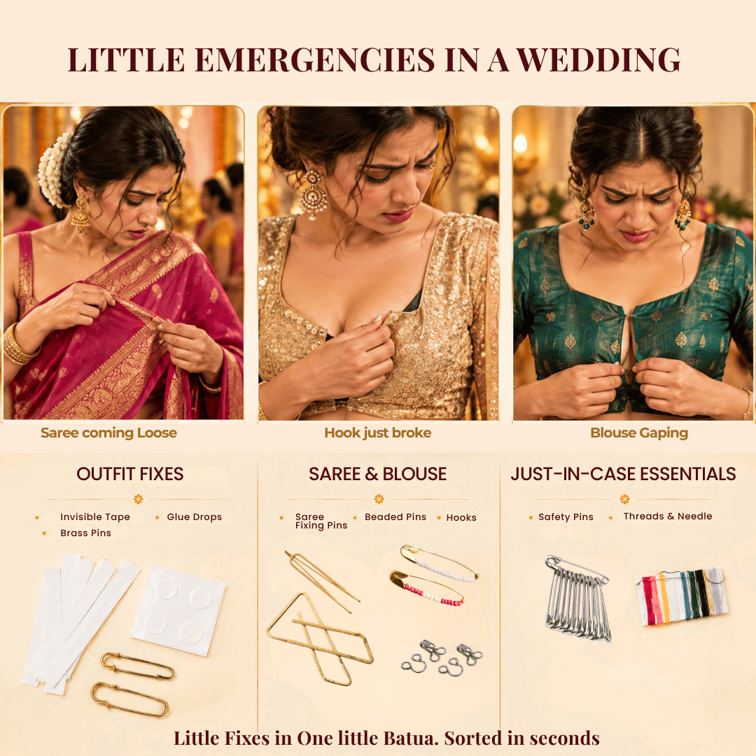 Saree Survival Kit essentials for outfit fixes, saree and blouse emergencies, and last-minute wedding fixes