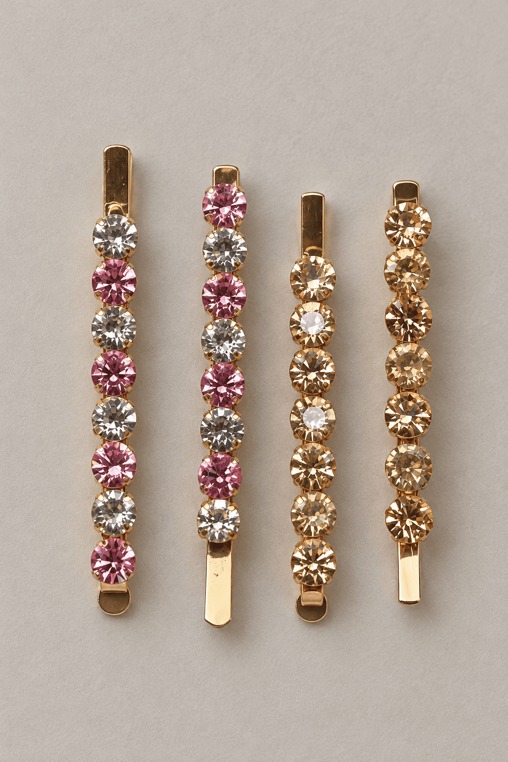 Gold-tone embellished hair clips with round pink, clear, champagne and topaz-coloured crystals