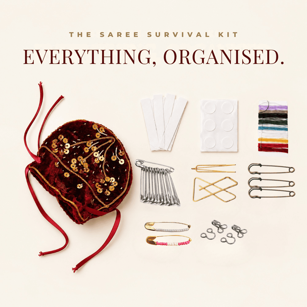 Saree Survival Kit with 9 wedding and saree essentials in a handcrafted velvet batua