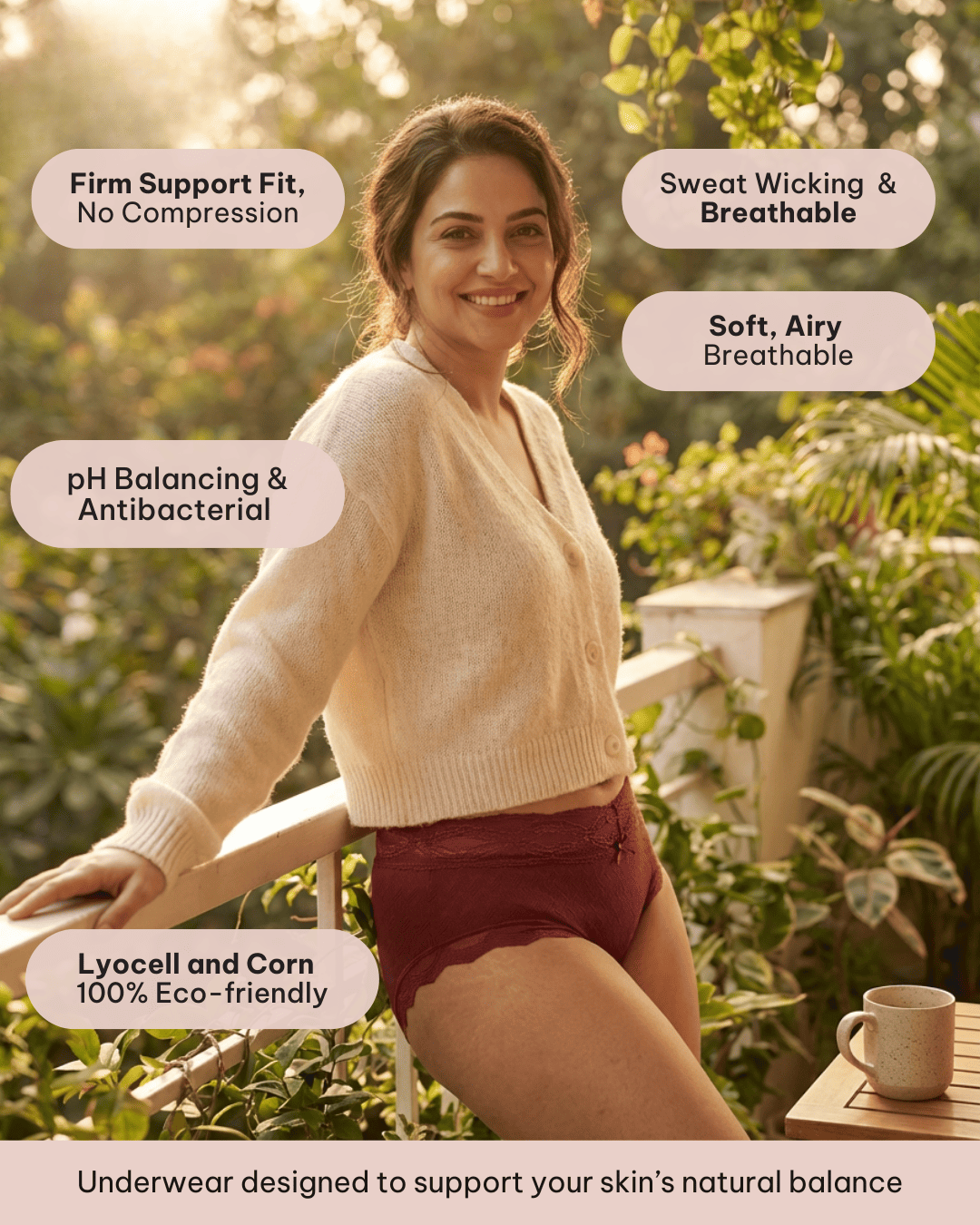 Woman wearing Eco luxe High rise lyocell and corn underwear with text highlighting features, in outdoor setting.