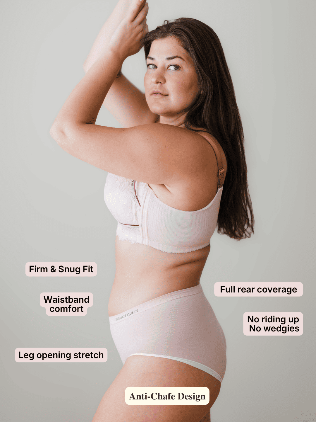 Woman wearing a pale lavender underwear with branding 'INTIMATE QUEEN' product with text highlighting features on a gray background