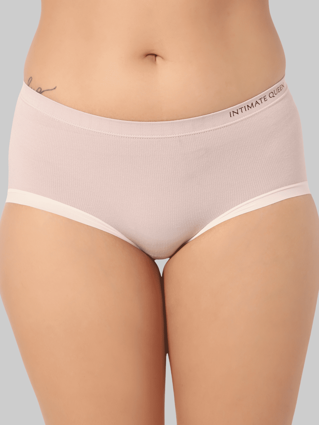 Pale lavender underwear with 'Intimate Queen' branding on a gray background