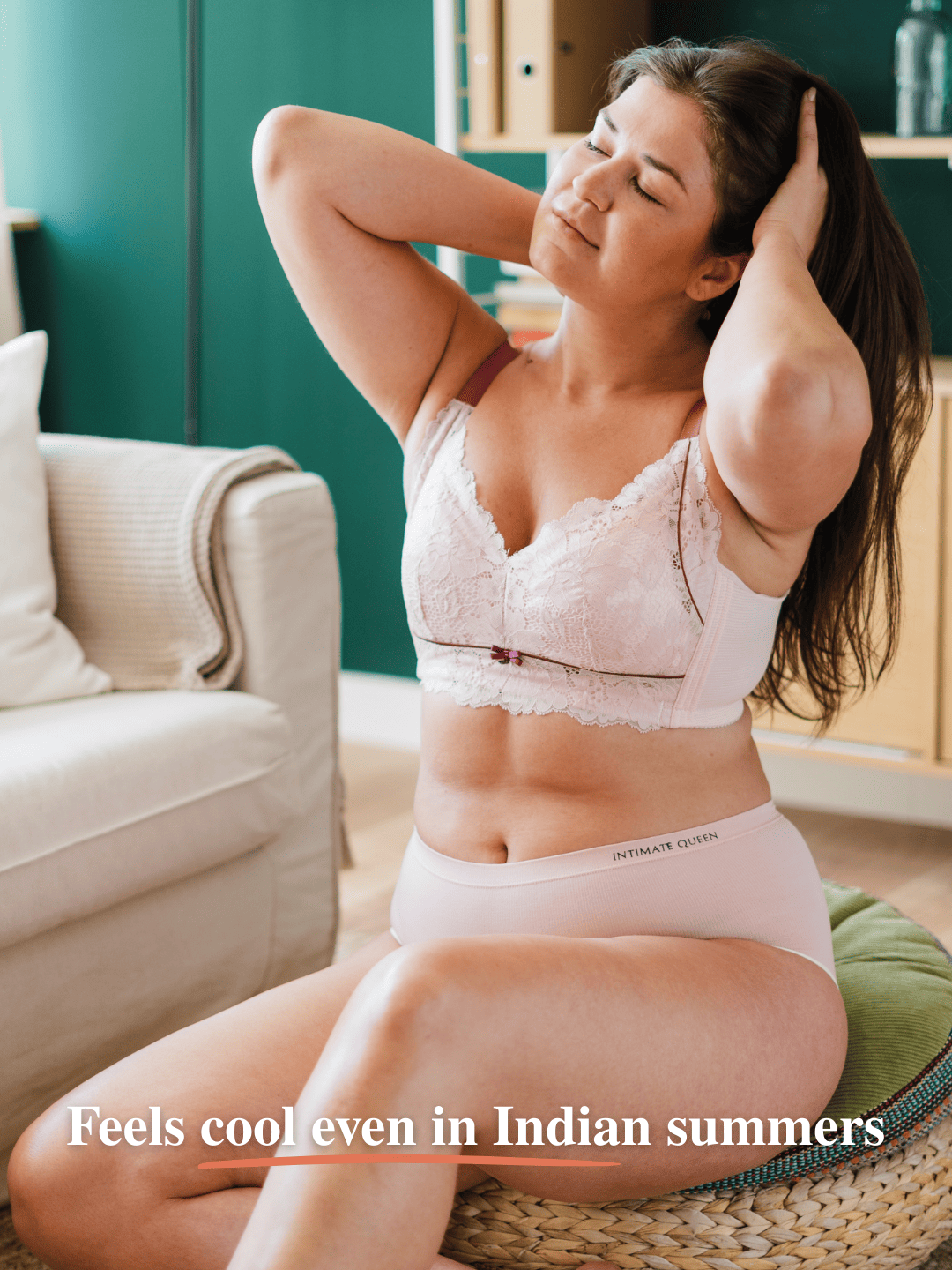 Woman wearing Intimate Queen's innerwear sitting on a mat in a room highlighting it Feels cool even in Indian summers.