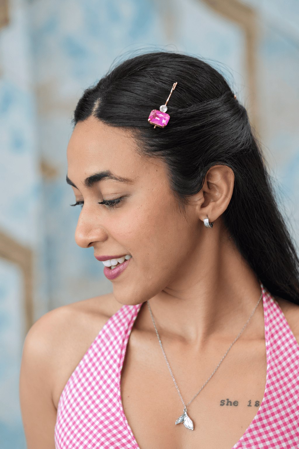 Pink crystal hair pin styled with a festive outfit
