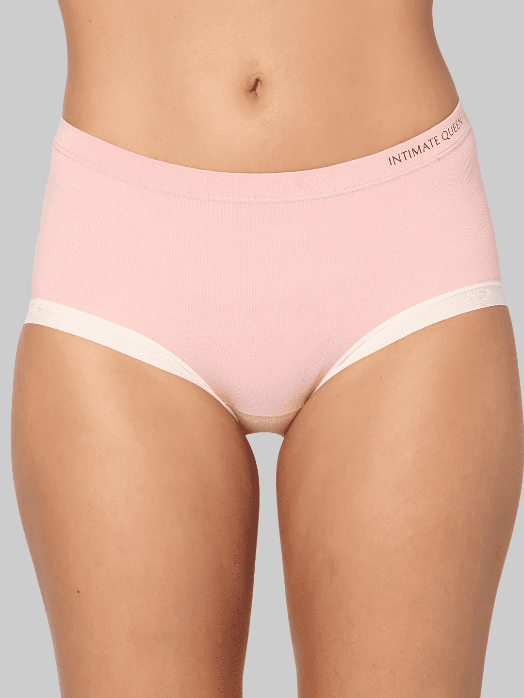 Pink underwear with branding text 'INTIMATE QUEEN' on a gray background